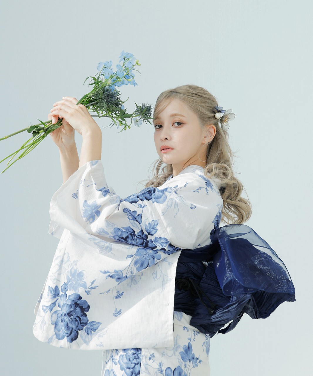 Dita 浴衣 紺 水彩の勿忘草色 美品 ネット完売品 Dita 浴衣 紺 水彩