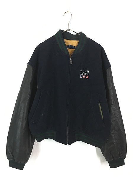 古着 90s Nautica 「TEAM TOUTICA USA」 本革 レザー × メルトン