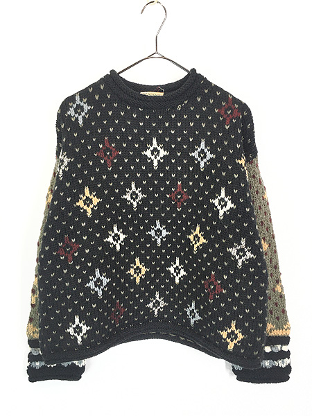 レディース 古着 80s Bulgaria製 LL Bean ダイヤ 総柄 ウール混 ハンド