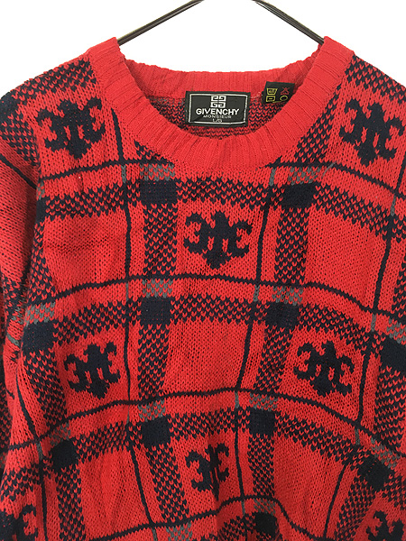 古着 80s GIVENCHY 紋章 マルチ チェック 総柄 アクリル ウール ニット