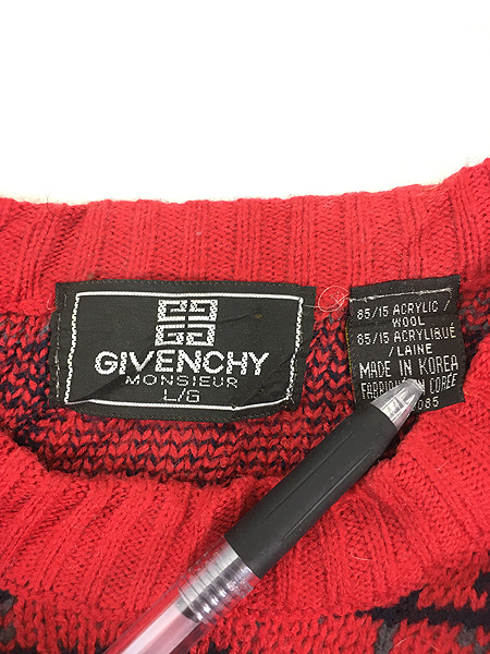 古着 80s GIVENCHY 紋章 マルチ チェック 総柄 アクリル ウール ニット
