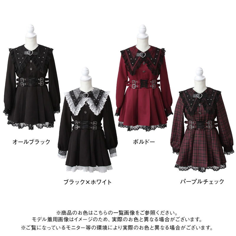 クモレース角襟ベルトレースアップワンピース – レディース