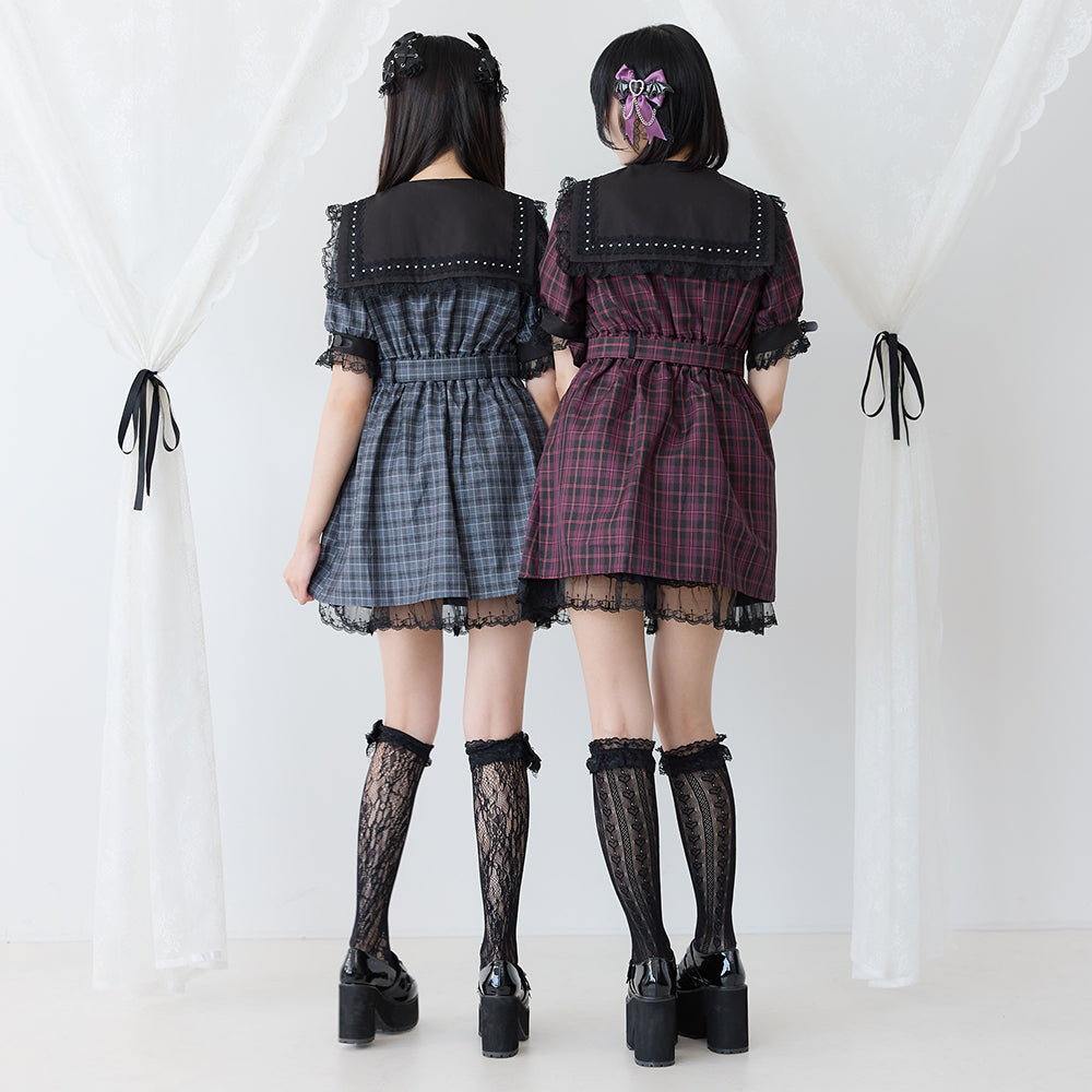 ハートベルト角襟レースアップワンピース – レディースファッション