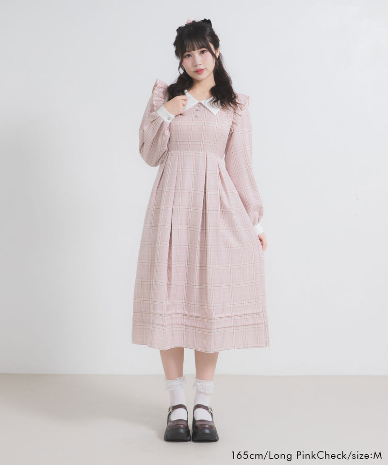 配色角襟フリルタック長袖ワンピース【大きいサイズ有】 – レディース