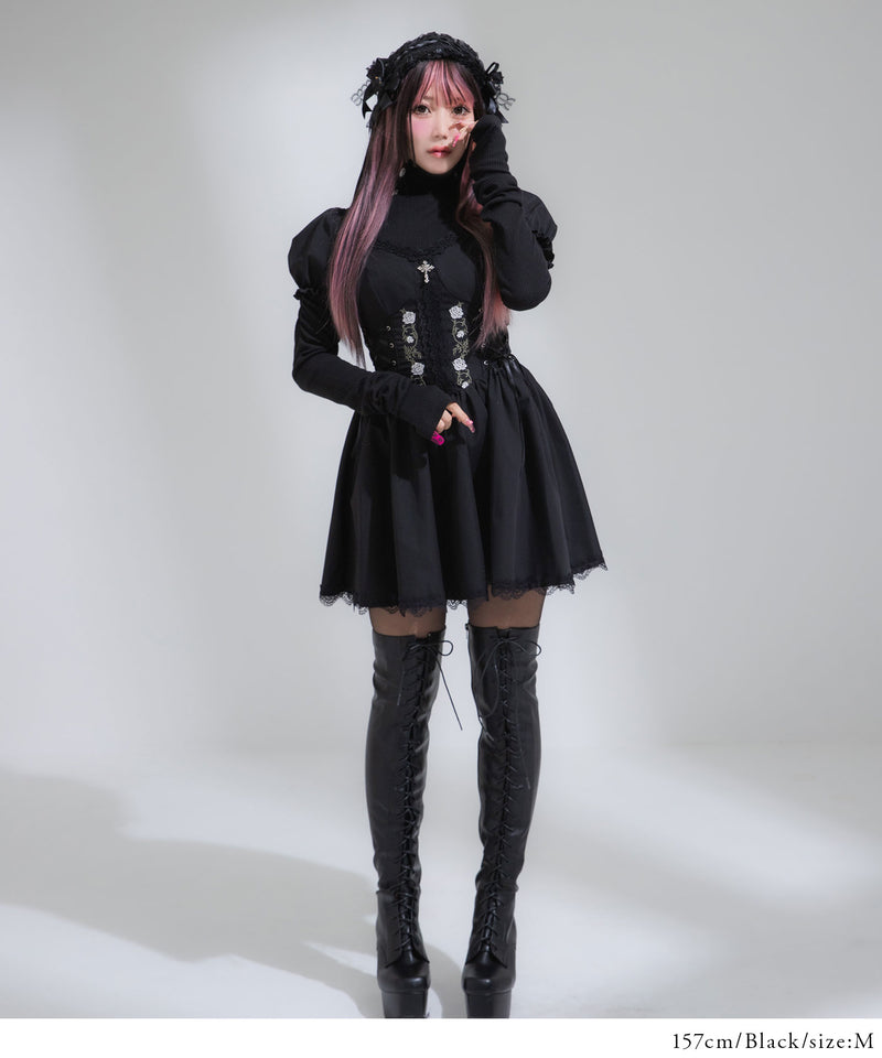 薔薇刺繍細見えレースアップミニワンピース – レディースファッション