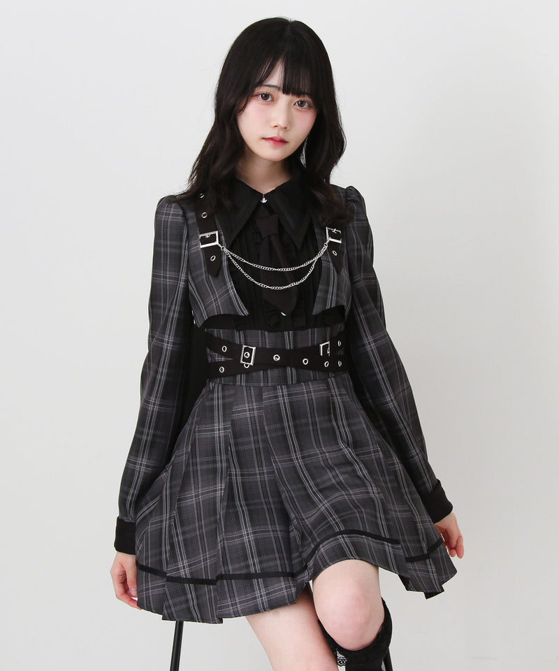 ジャケット風チェーンネクタイベルトプリーツワンピース – レディース