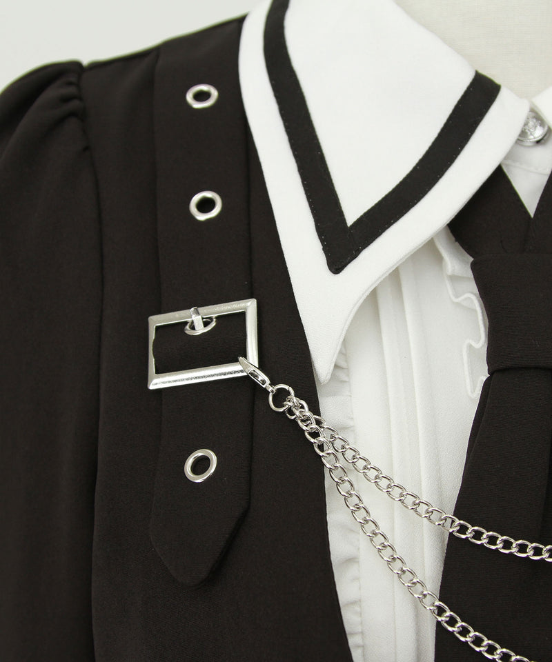 ジャケット風チェーンネクタイベルトプリーツワンピース – レディース