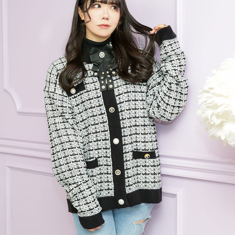 ツイード調編みバイカラーニットカーディガン【ワンピース