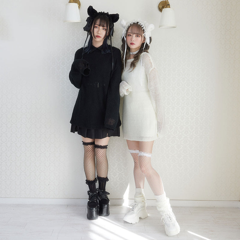 メール便】オーガンジーフリル編みニーハイソックス – レディース