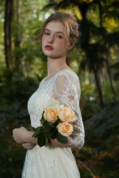 刺繍レース 七分袖 Aラインドレス（W213）