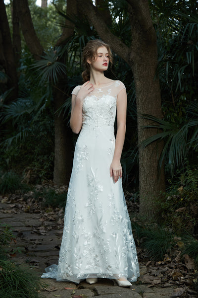 刺繍レース フレンチスリーブ スレンダードレス（W214）