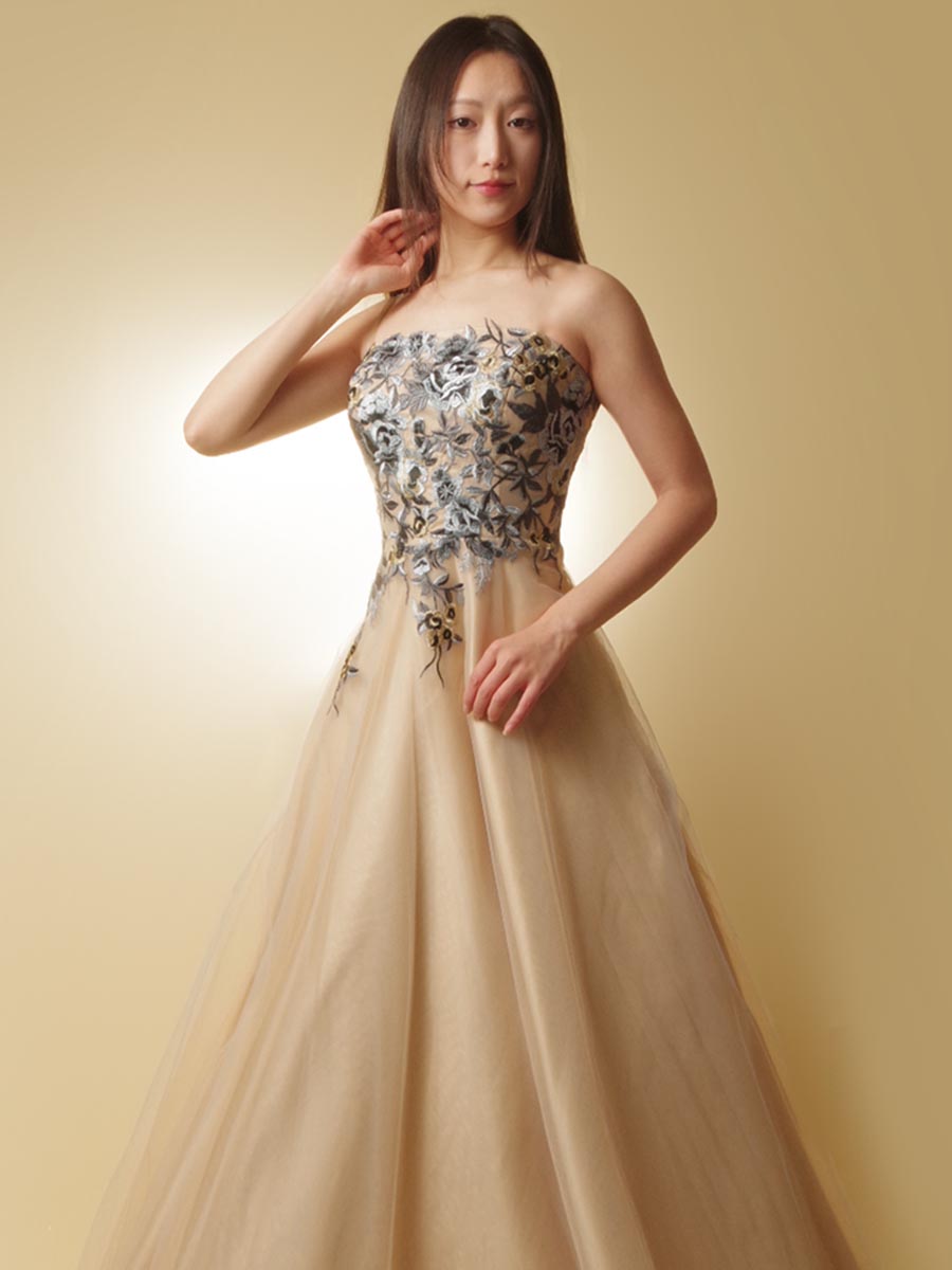 ベージュカラー×ブルー花柄刺繍トップのスレンダーAラインドレス