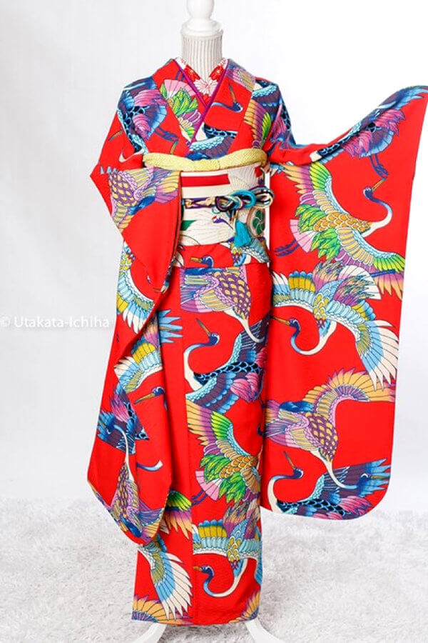 レンタル振袖 アンティーク着物復刻シリーズ】祝朱鶴朱赤