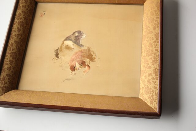 高島屋画室か 竹内栖鳳下絵 仔犬図 刺繍絵画額装 Z456｜骨董店 のびる