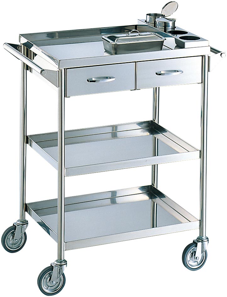 OM117-07・回診車 (引出2コ付・3段型・トレー上向) - ステンレス容器の