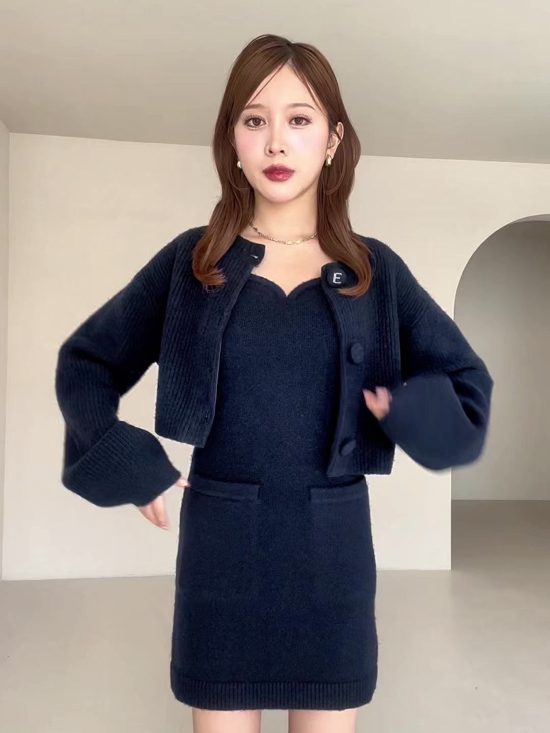 ロゴボタンニットセットワンピース