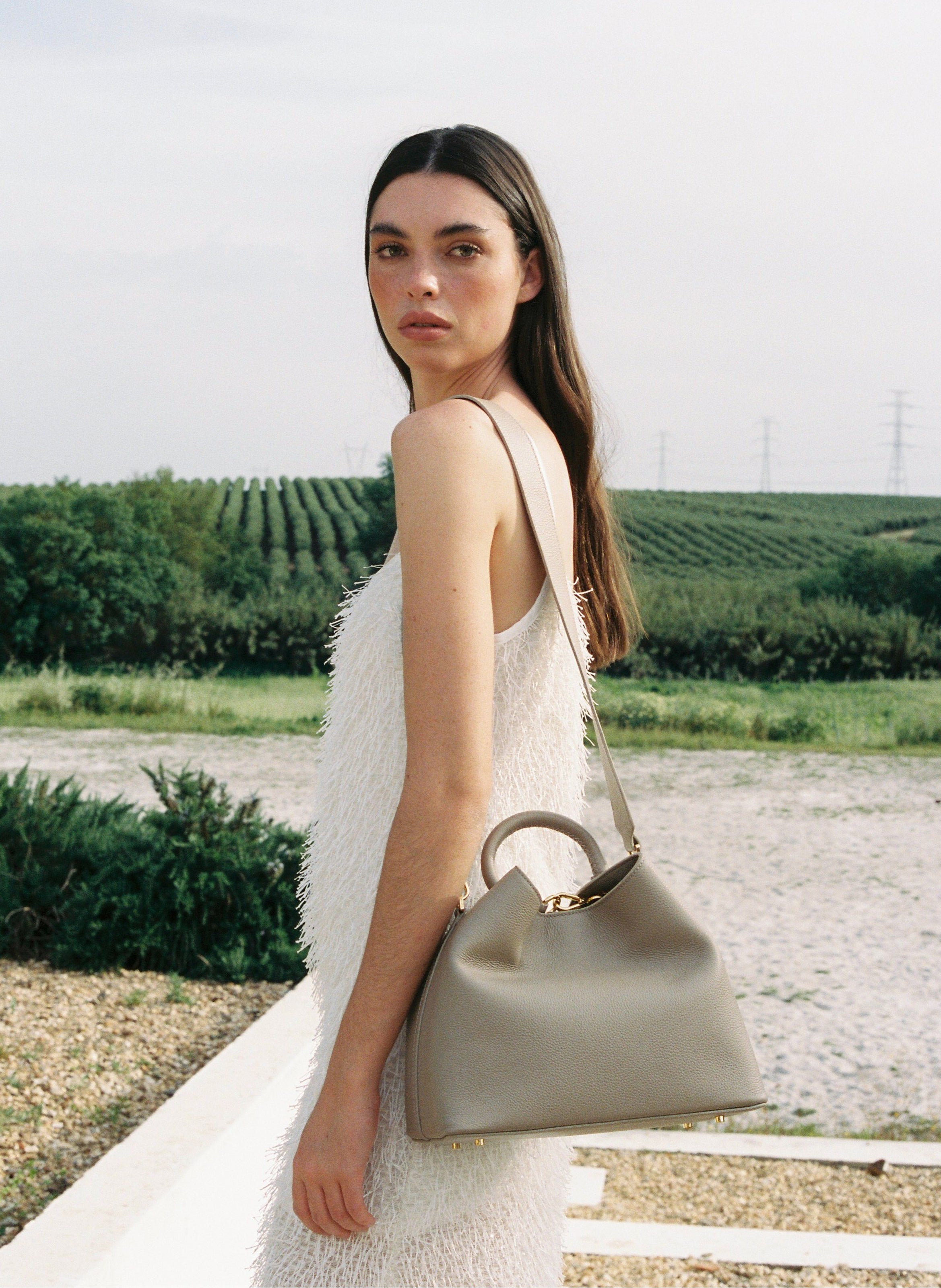 Raisin Pebbled Leather Taupe - Leather Handbags for Women - Elleme