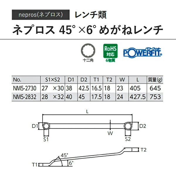 NEPROS NM5-2730 サイズ27x30mm 45°×6°めがねレンチ ネプロス
