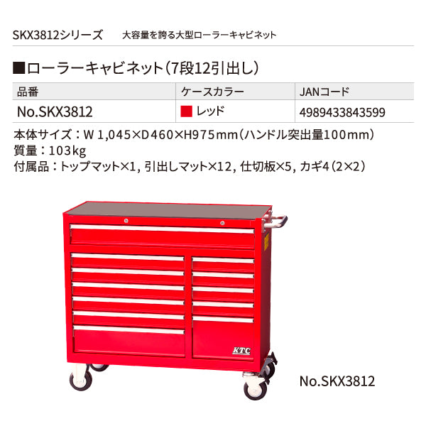 KTC ローラーキャビネット 7段12引出し レッド【エヒメマシン】