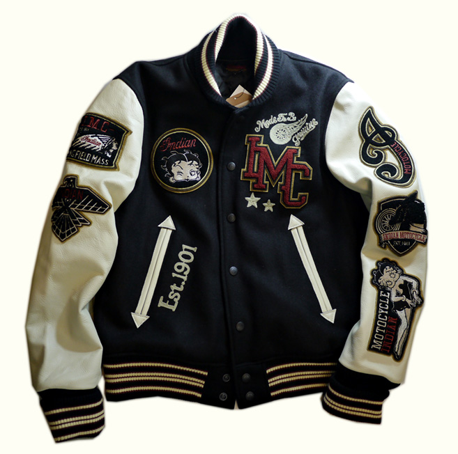 indian motocycle/betty boop メルトン 袖革 スタジャン ブラック