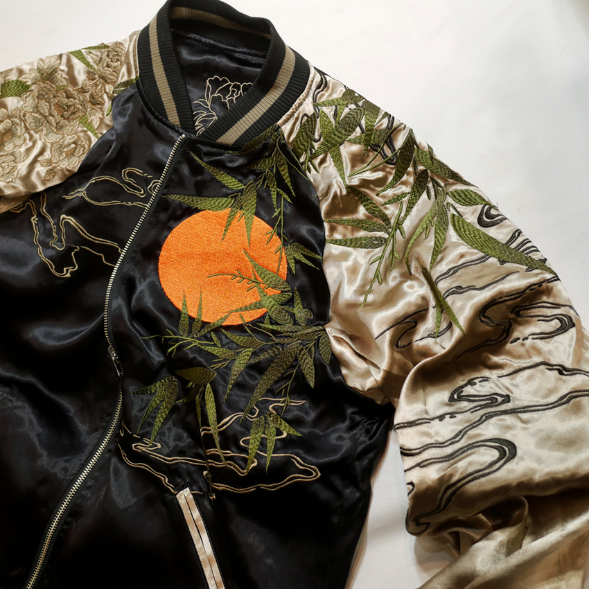 絡繰魂 [ 満月虎 ] 刺繍 リバーシブル スカジャン ブラック×ベージュ