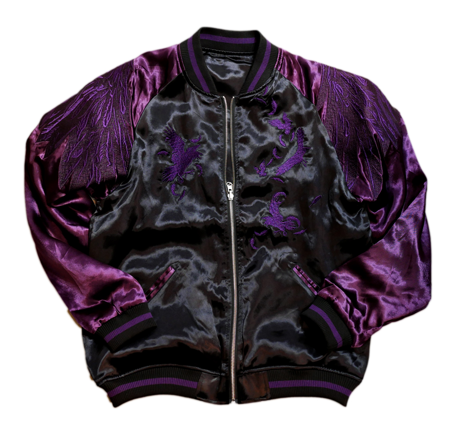 絡繰魂 DAKU 鴉 刺繍 リバーシブル スカジャン ブラック×パープル 244053