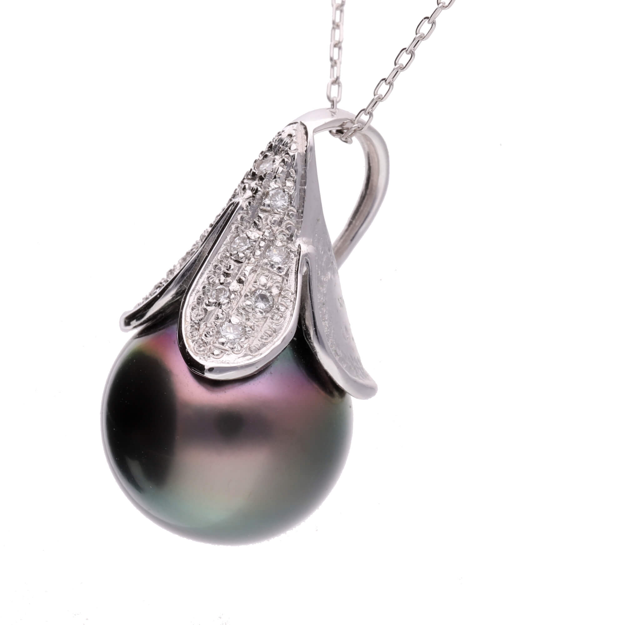 ブラックパール ダイヤモンド ホワイトゴールド ペンダント｜無調色 黒