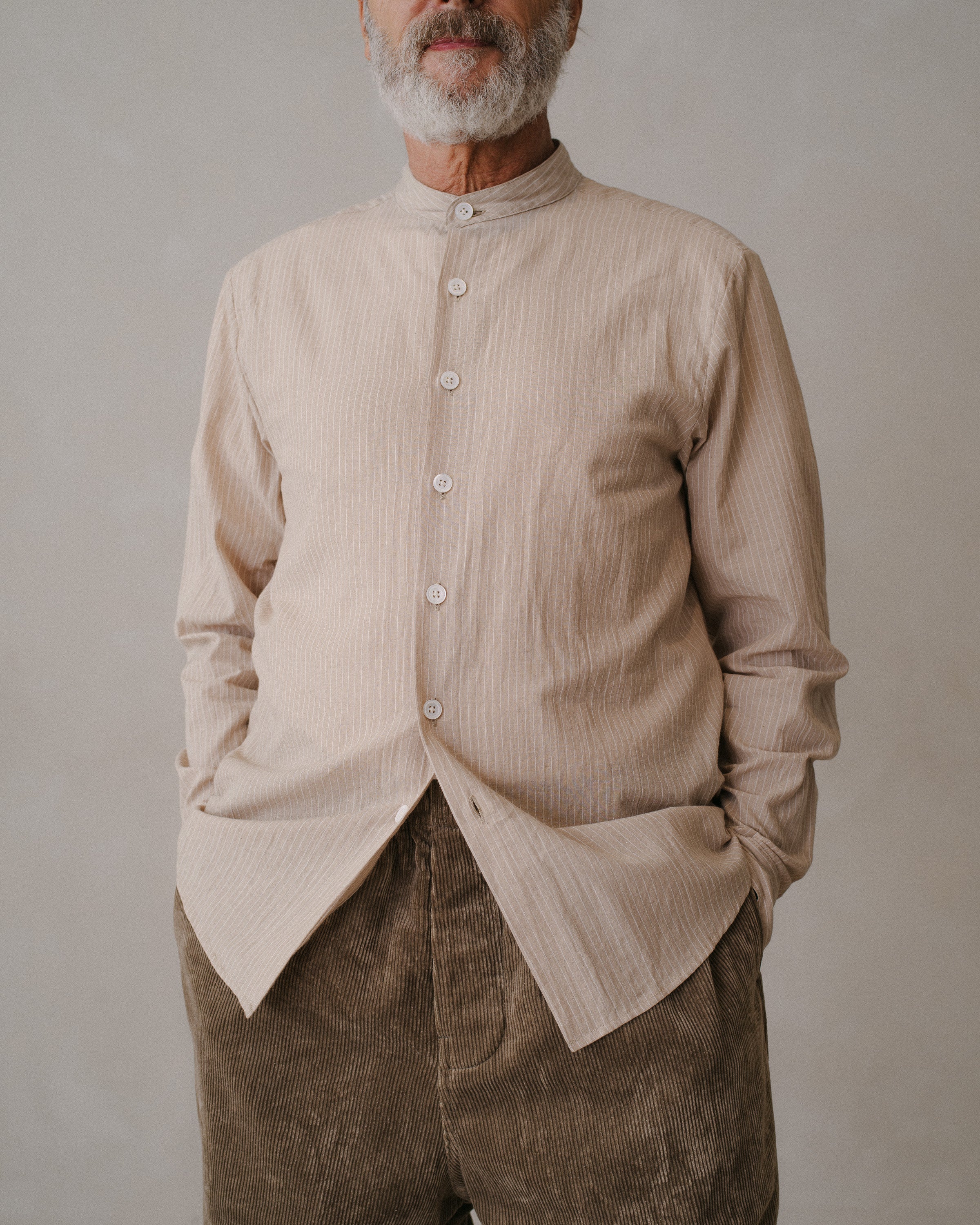 Band Collar Shirt - Lightweight Cotton/Linen Stripe, Beige/Natural