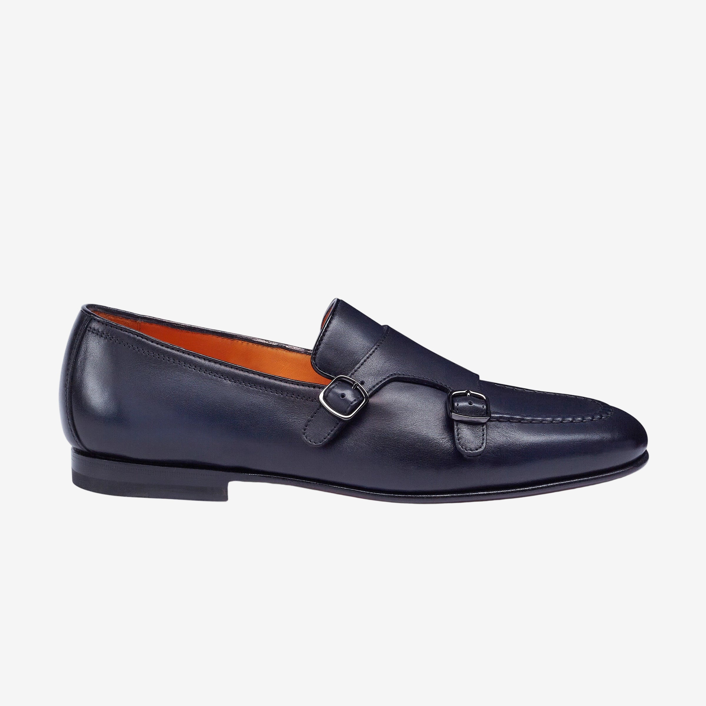 Santoni double buckle dark blue leather loafer