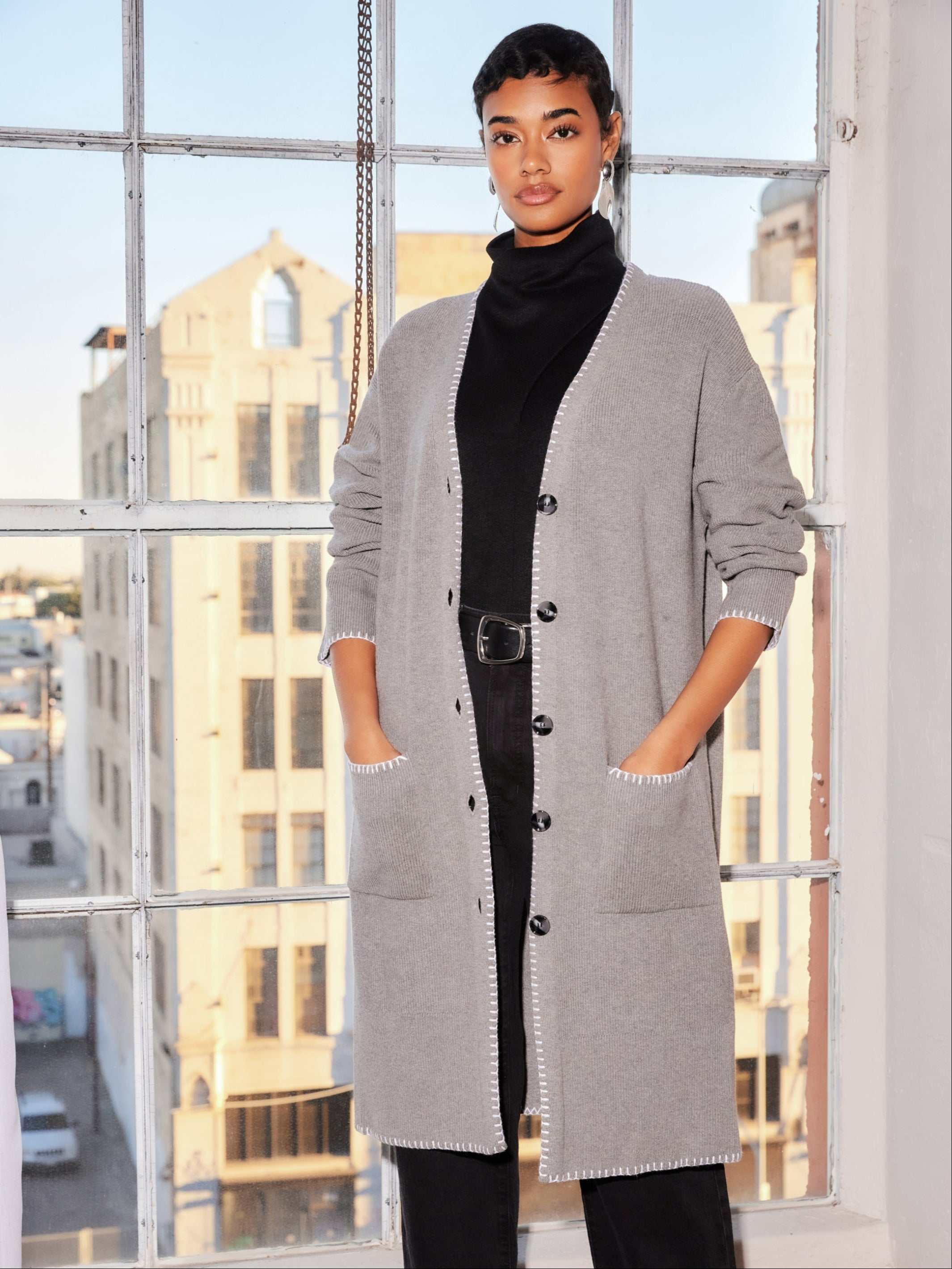 Ariel Edge Stitch Cardigan Sweater - Soft Cashmere Blend, Relaxed