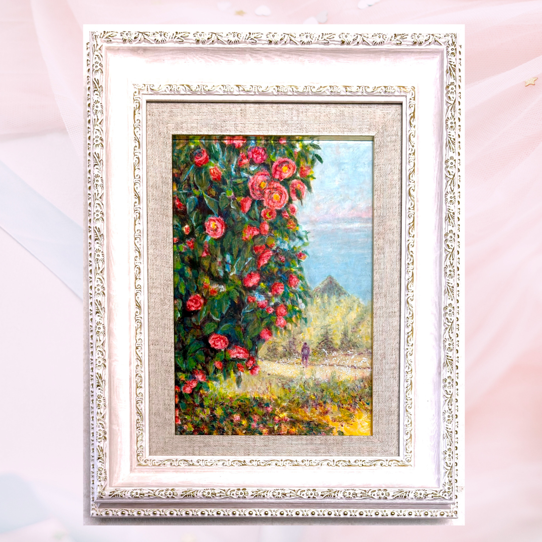 風景画「山に咲く赤椿」油彩画 SM/額付き by 福家佳則 / Fukei-ART