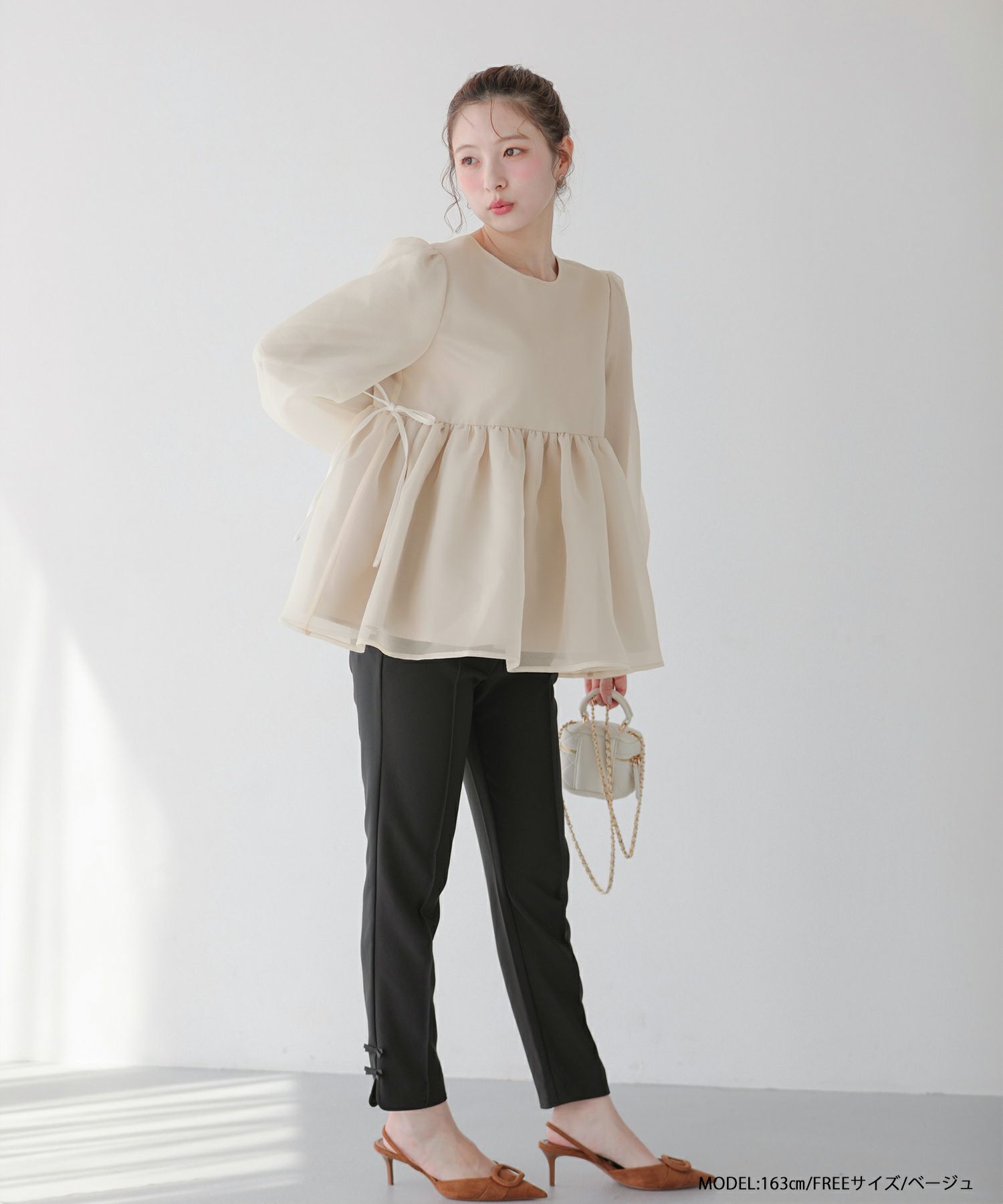 クリンクルシアーオーガンジーボリュームスリーブトップス【宅配便