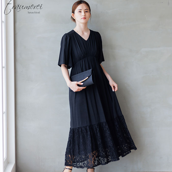 WEB限定｜裾レース切替ギャザードレス 9号・ブラック｜東京ソワール