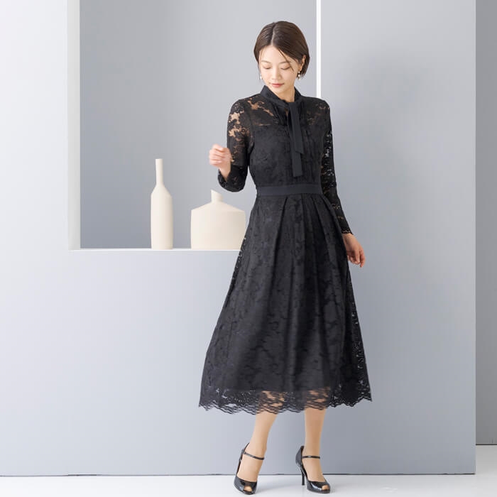 WEB限定｜ボウタイレースドレス 9号・ブラック｜東京ソワール