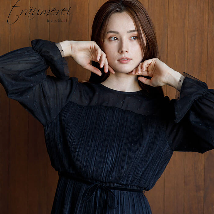 WEB限定｜ドットチュールプリーツドレス 9号・ブラック｜東京ソワール