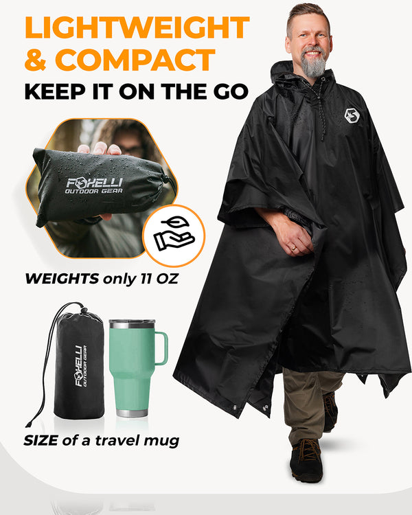 Foxelli Hooded Reusable Rain Poncho - Black