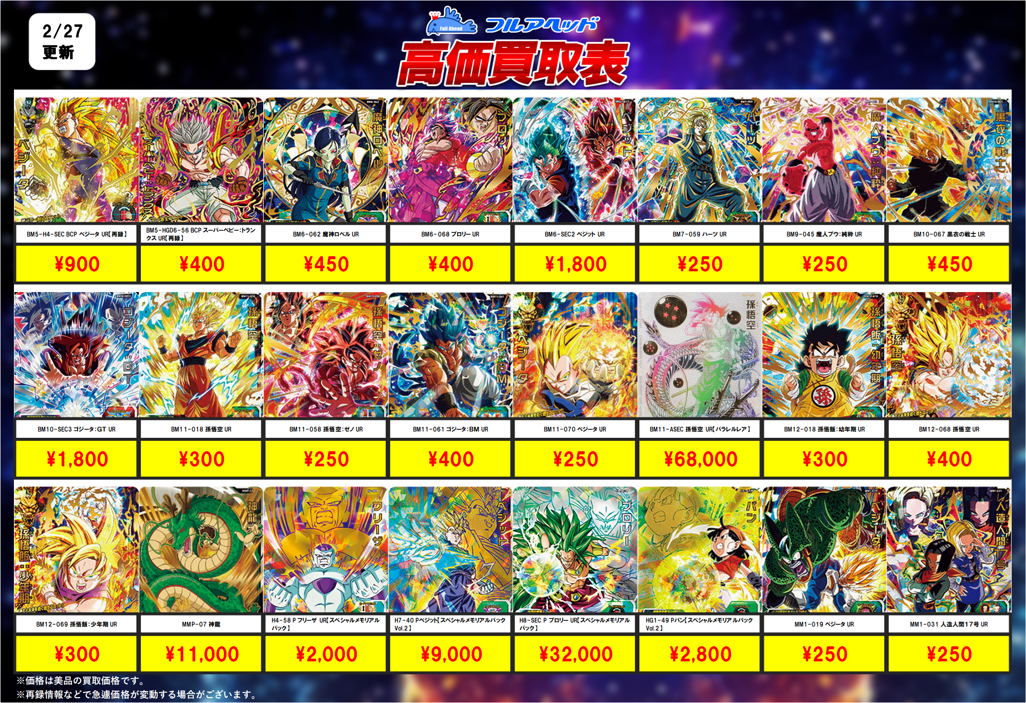 スーパードラゴンボールヒーローズ – 【フルアヘッド】高価買取表