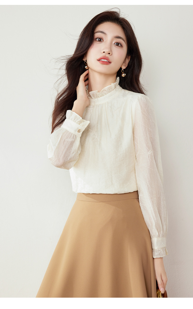 白ブラウス 花刺繍フリル襟付き長袖ブラウス フリル|白ブラウス専門