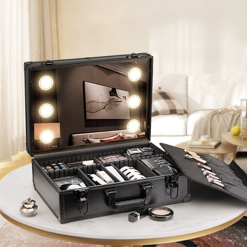 メイクボックス 黒 発光鏡付き多段式プロ仕様 コスメ 収納 メイク