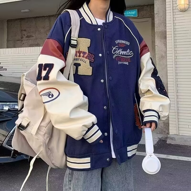 スタジャン レトロ刺繍ワッペン付きゆったり 青 青|スタジャン専門通販