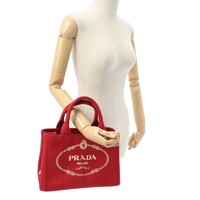 プラダカナパ ミニ 2WAYトート 赤 レディース キャンバス ハンドバッグ