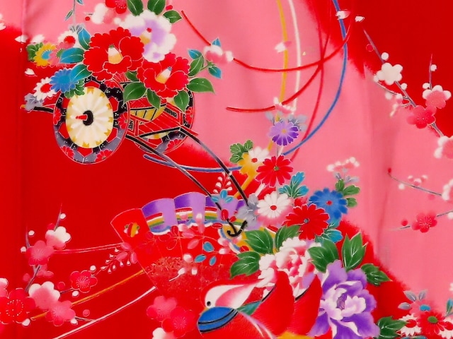 お宮参り着物正絹（初着・産着）女児G1-24 花車に花扇・鼓に蝶々