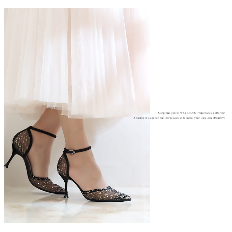 パンプス ハイヒール ヒール8cm チュール ラメ ラインストーン ポイン