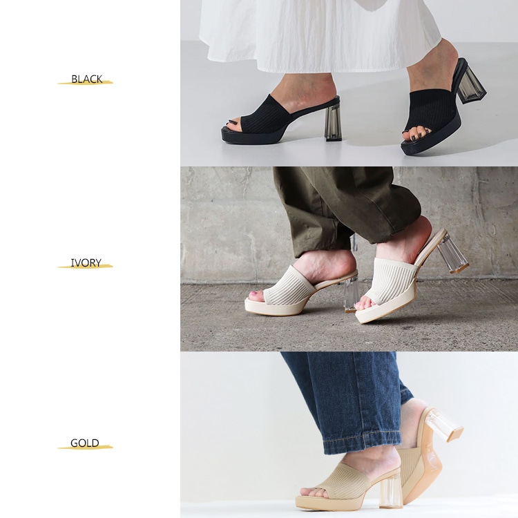 イーボル ミュール サンダル クリアヒール ニット スクエアトゥ