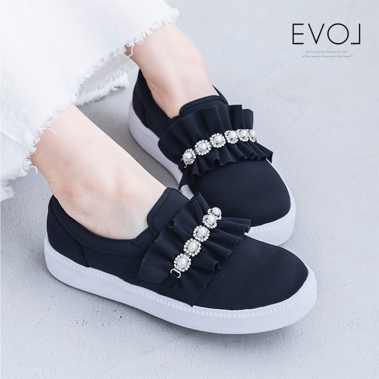 EVOL スリッポン 軽量スニーカー フラットシューズ フリル パール