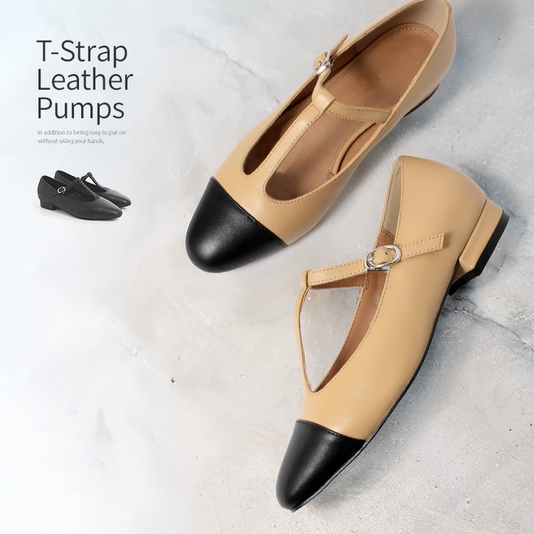 SALE】 Tストラップ フラットシューズ パンプス 本革 スクエアトゥ