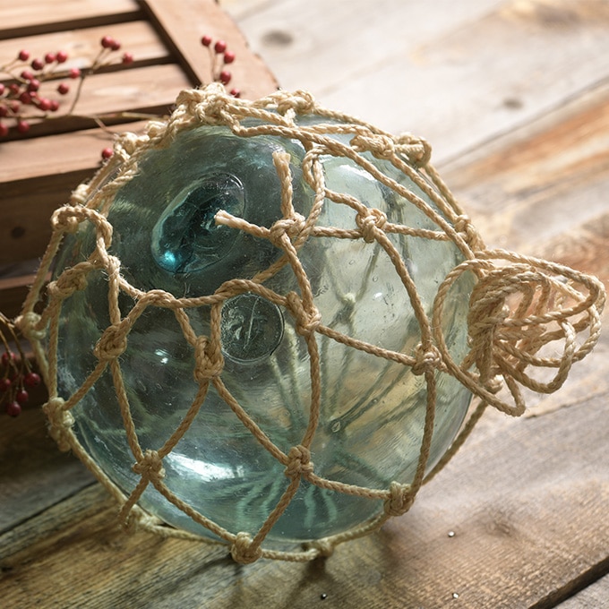 ガーデニング 置物 ガラス 浮き玉 津軽の浮き球 漁師編み 縄付き （大