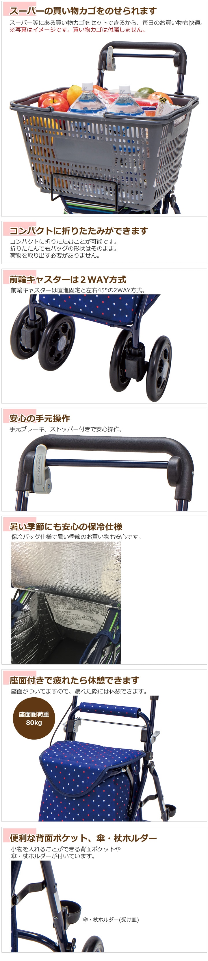 シルバーカー らくらくスリムバスケット［ドットネイビーYX-371DN