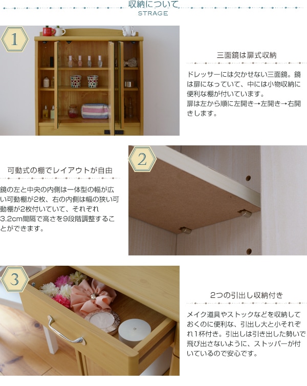 ドレッサー 三面鏡 スツールセット 化粧台 引出し 収納 コンセント付き