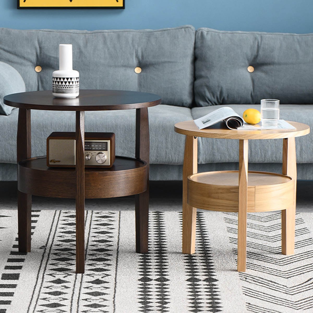 小] VeroMan サイドテーブル 引き出し付き 木製 円形 2段 丸い ティー